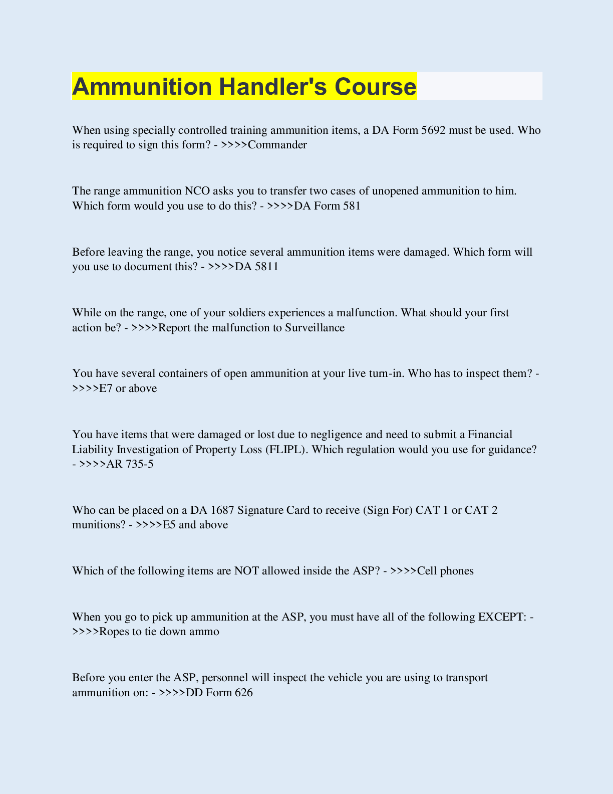 Ammunition Handler's Course | 30 Questions with 100% Correct Answers | Updated & Verified